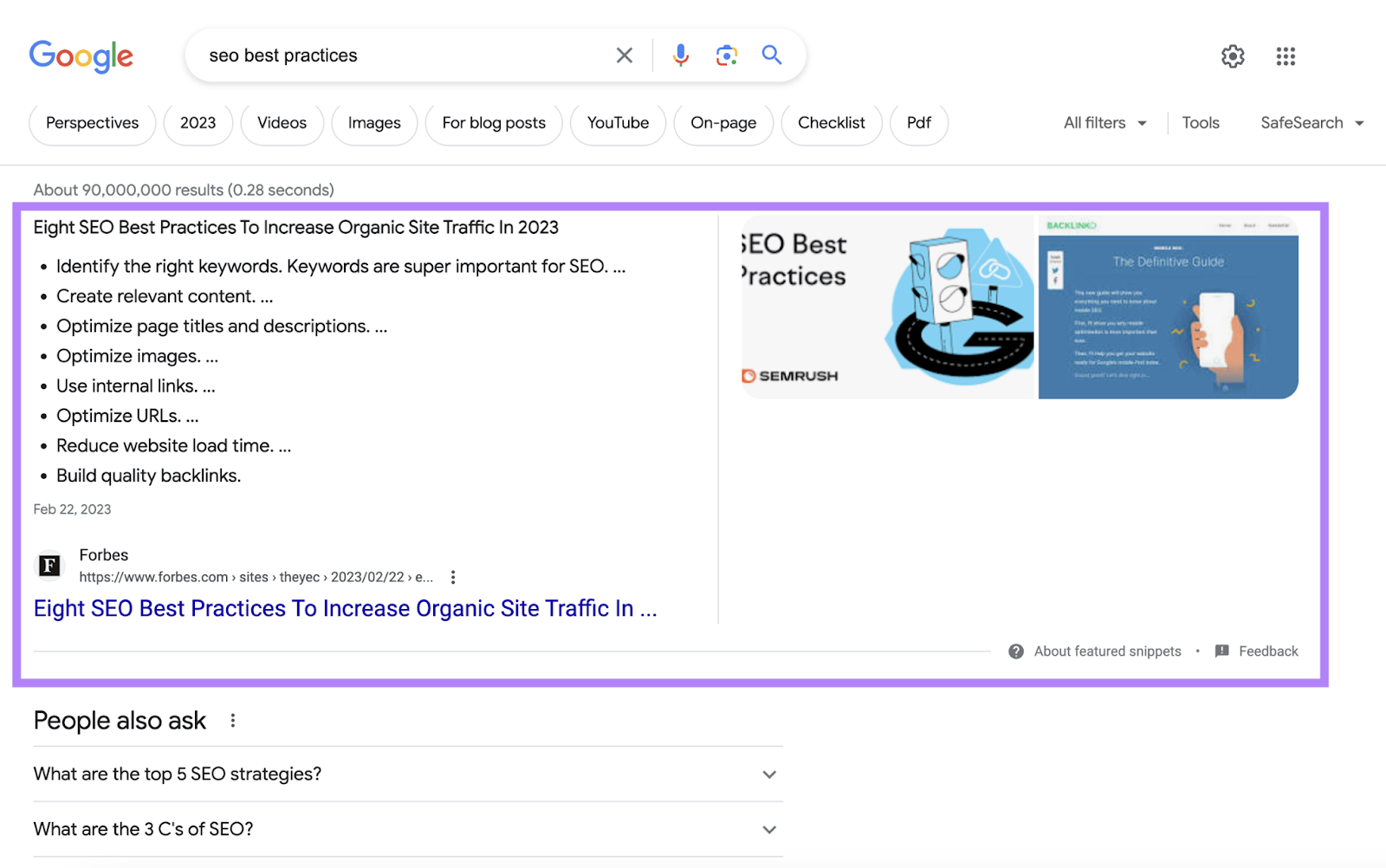 Forbes's featured snippet on Google for