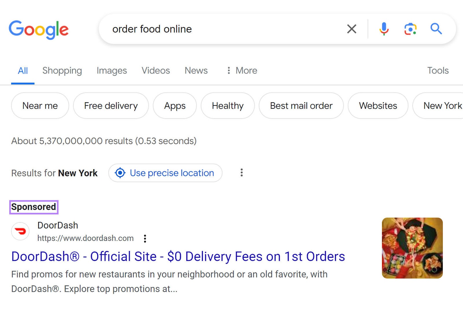 A Google 搜索 ad from DoorDash