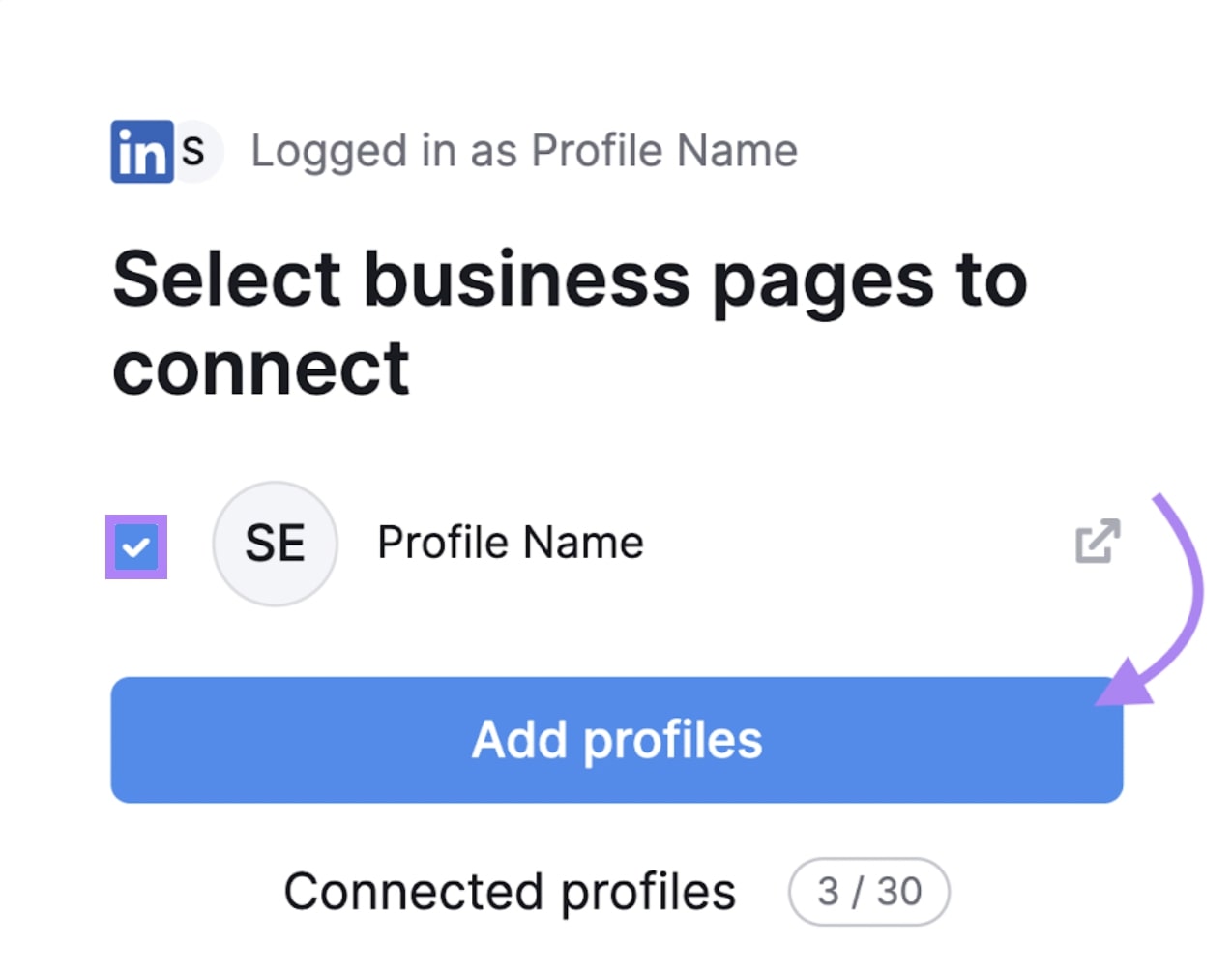 Connecting a 业务 page to 社交海报 on Semrush with Profile Name and number of connected profiles displayed