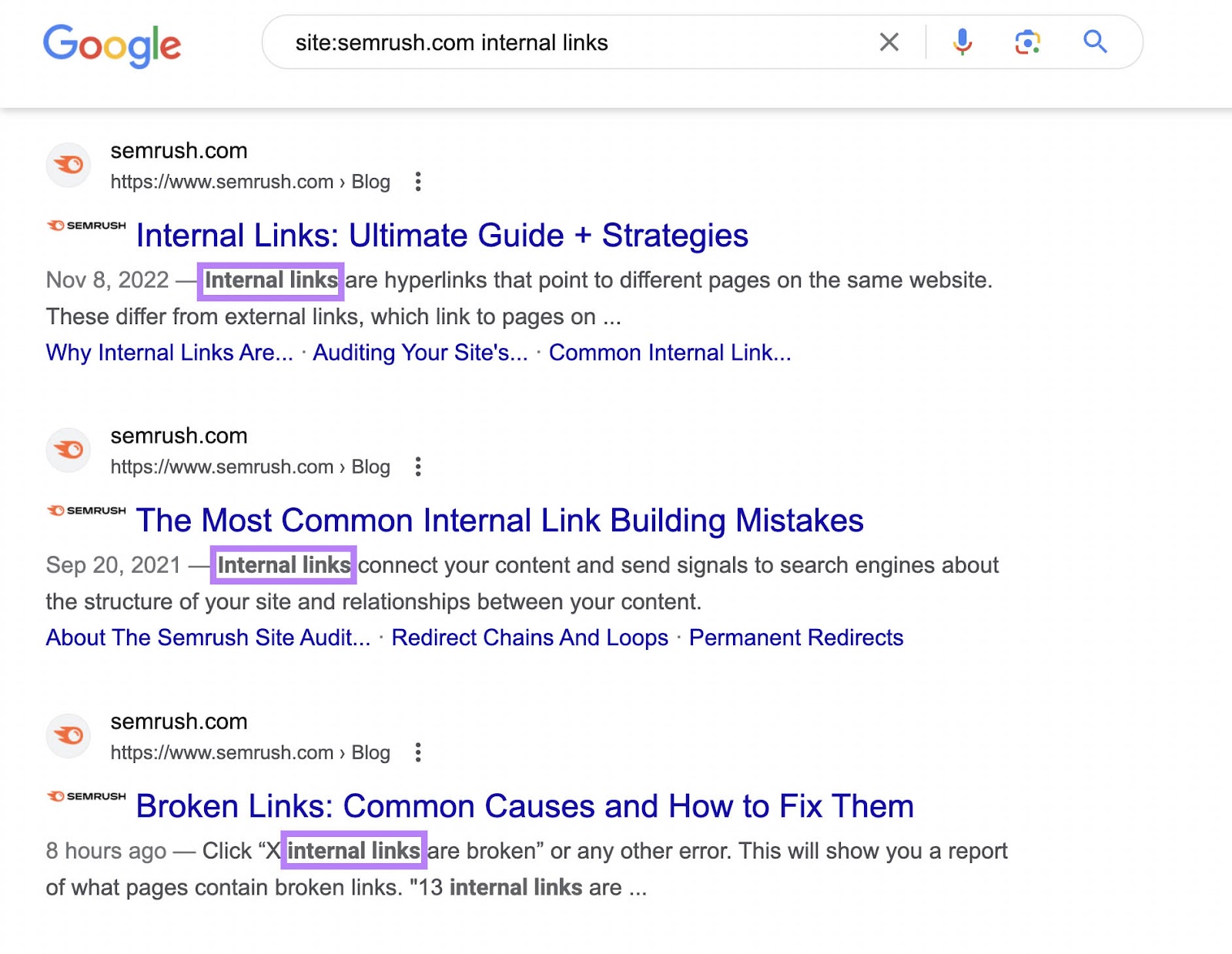 谷歌 search results for “site:semrush.com 内部links” query