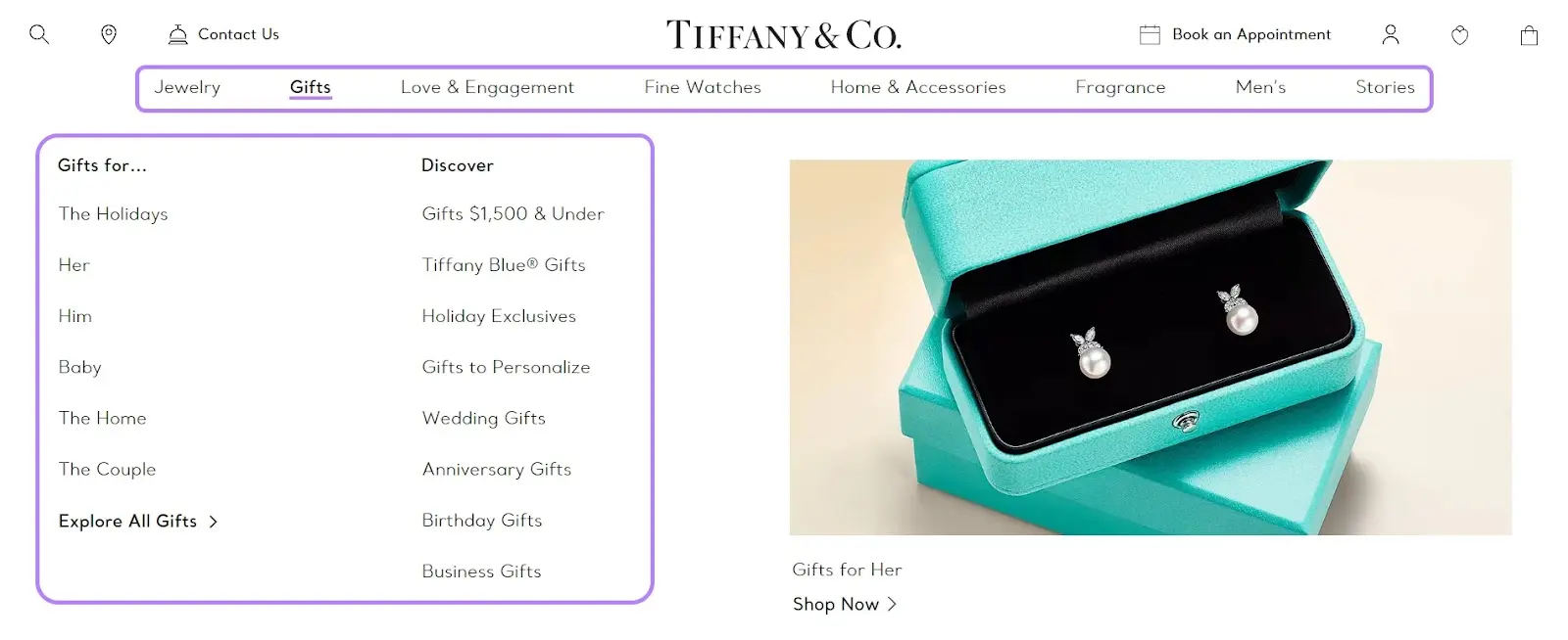 Horizontal和drop-down navigation menus on Tiffany & Co.'s website