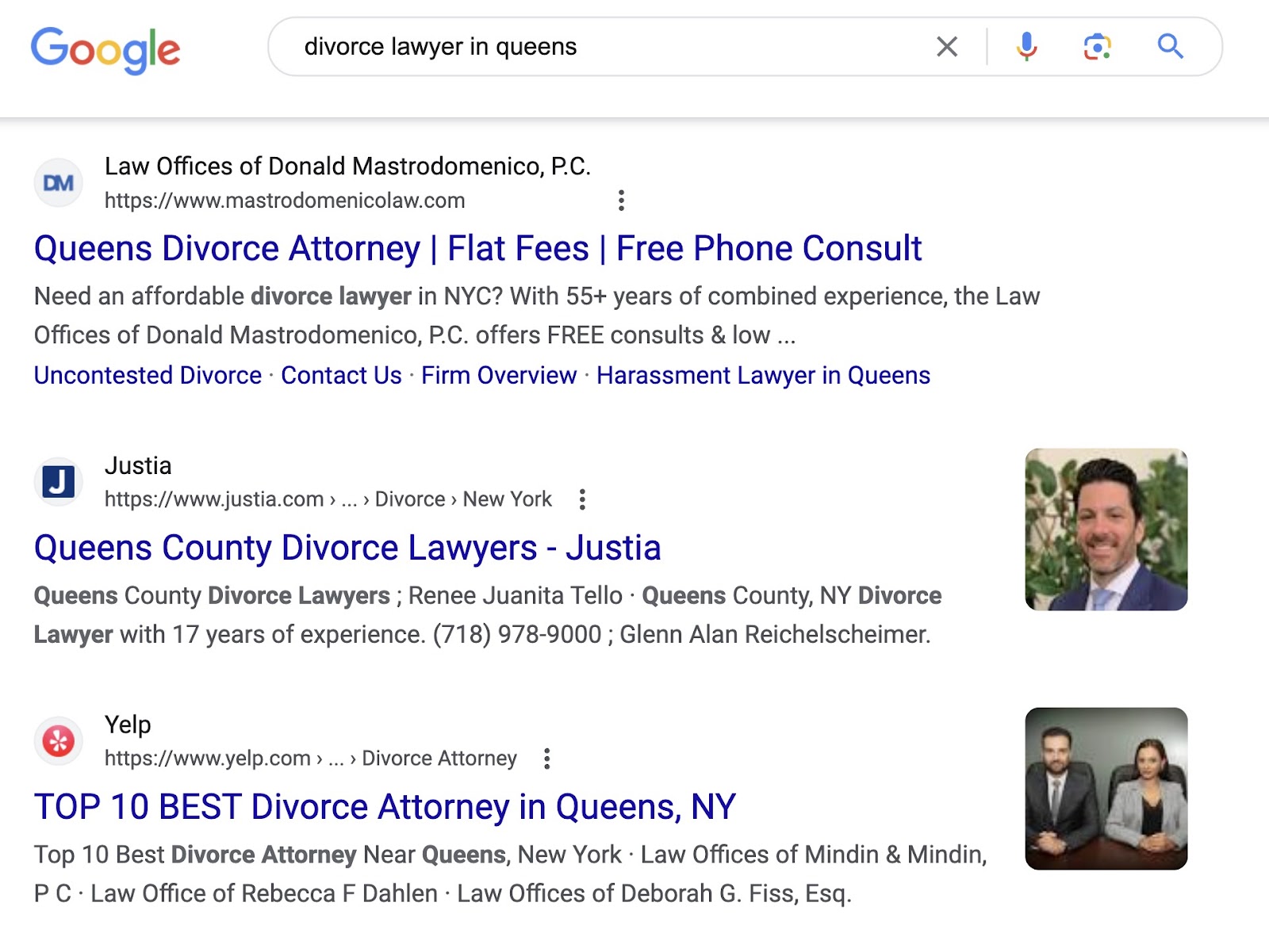Google's SERP for “divorce lawyer in queens”query