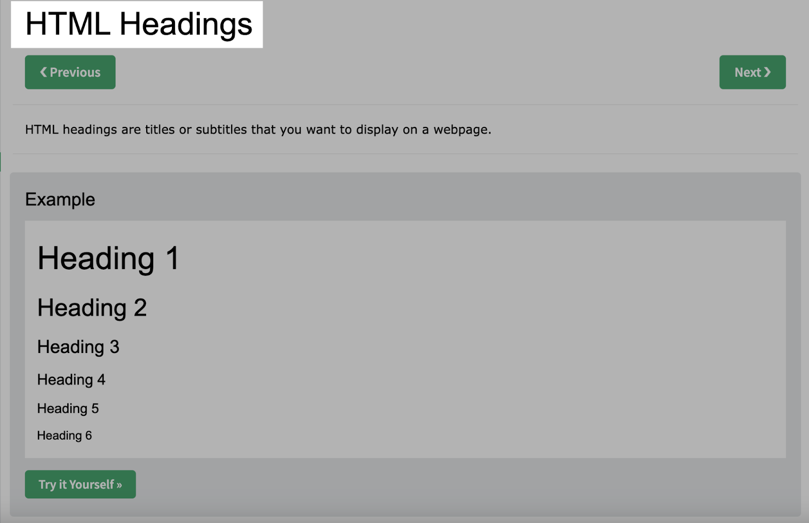 W3Schools’ tutorial H1 tag that reads: 