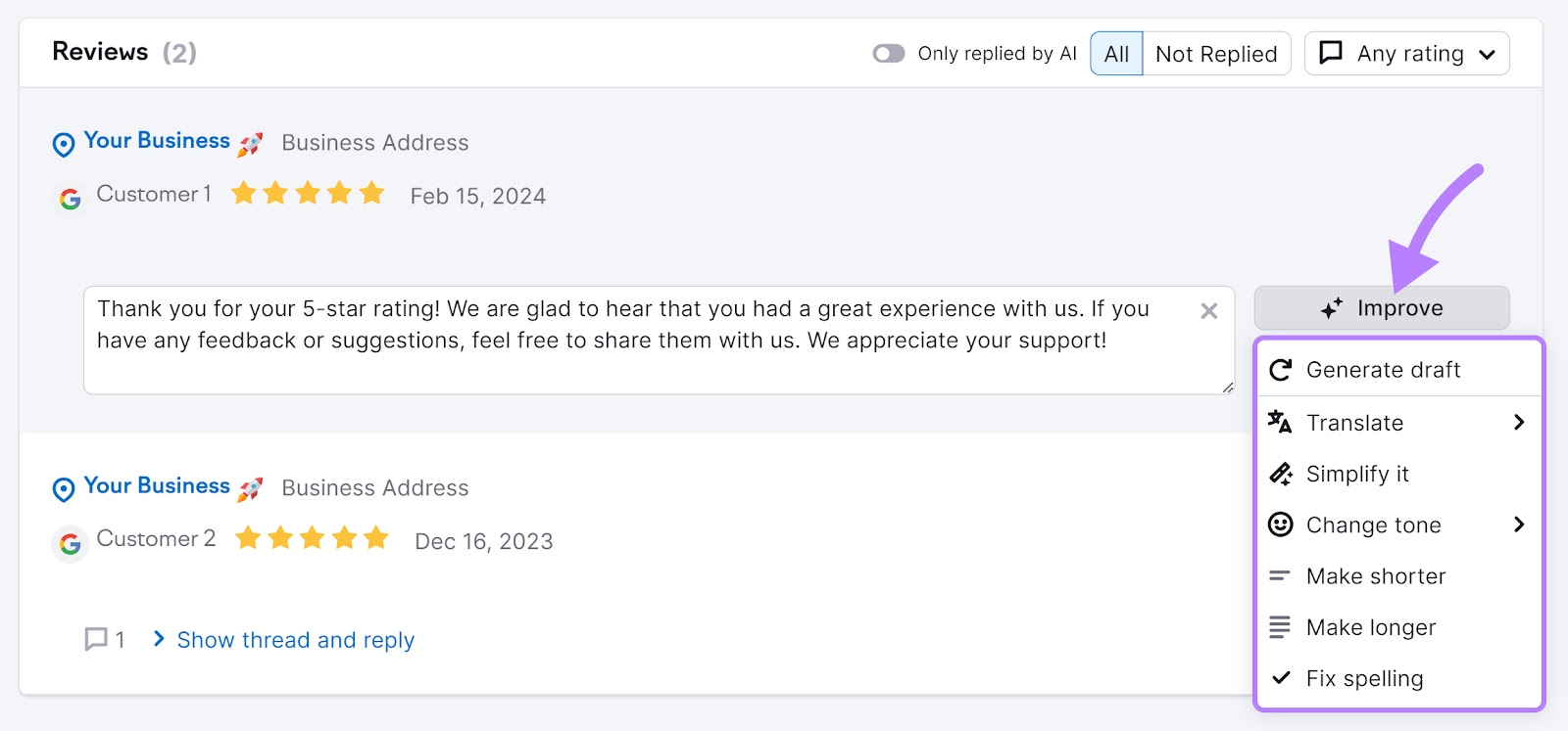Reviews section of the