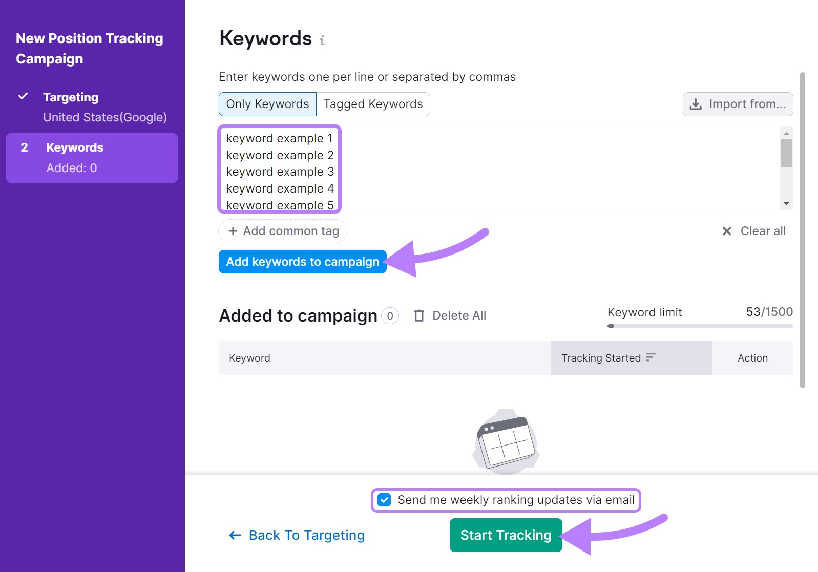 Adding keywords to 位置跟踪 tool campaign