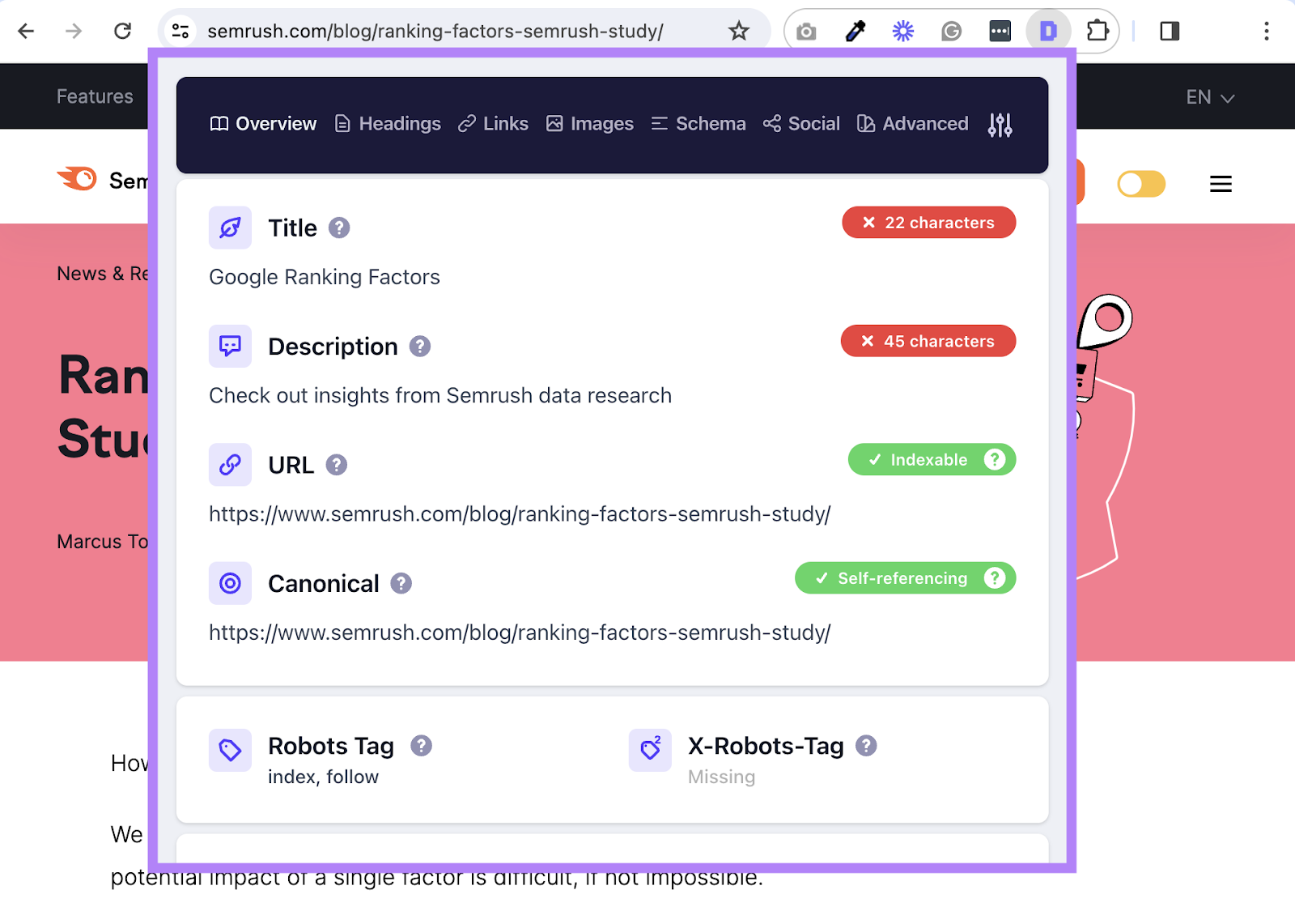 详细的SEO扩展 window showing page's title, description, URL, canonical, and robots tag data
