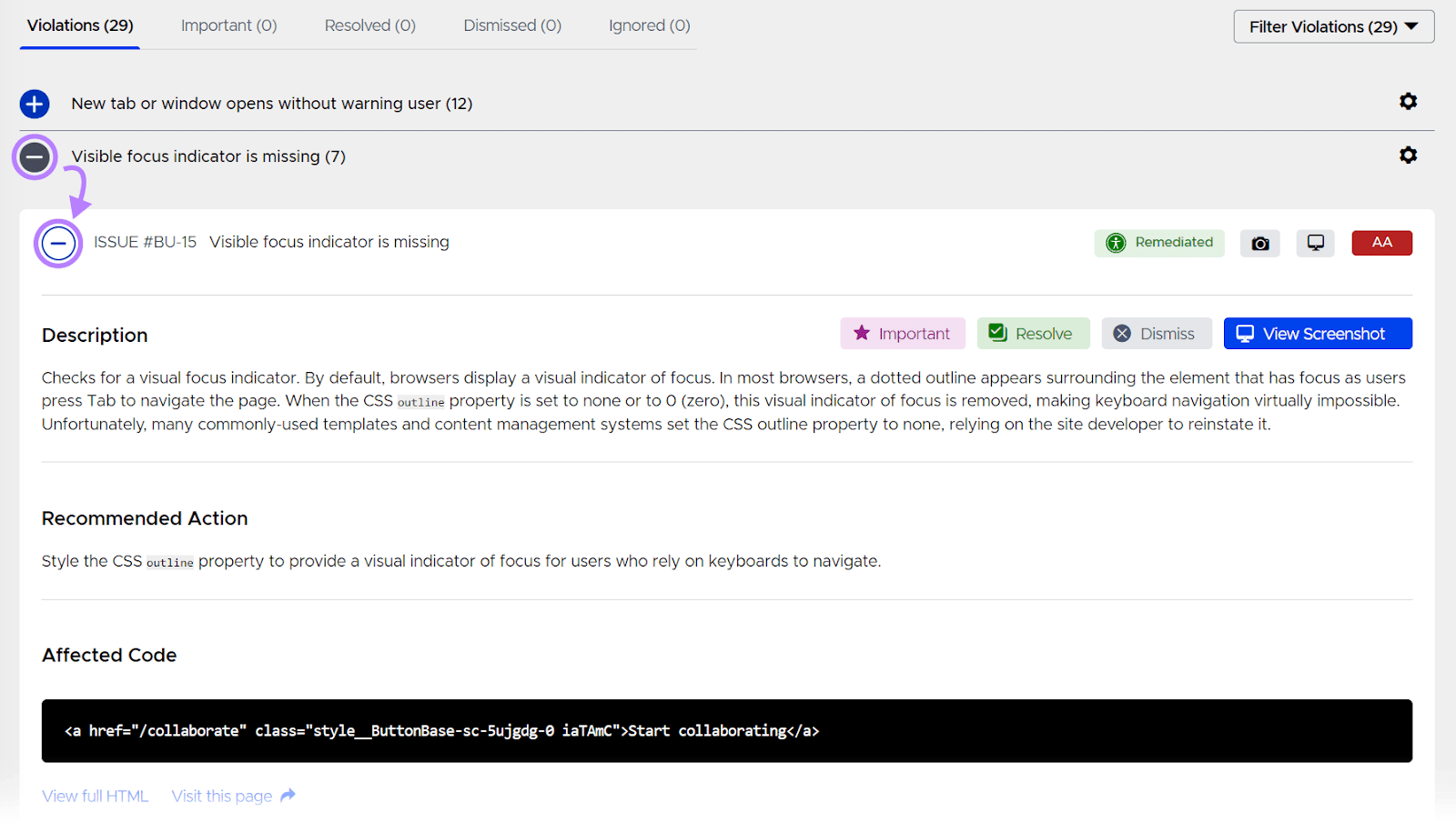 Visible focus indicator is missing violation, with the description, recommended action,和the affected code