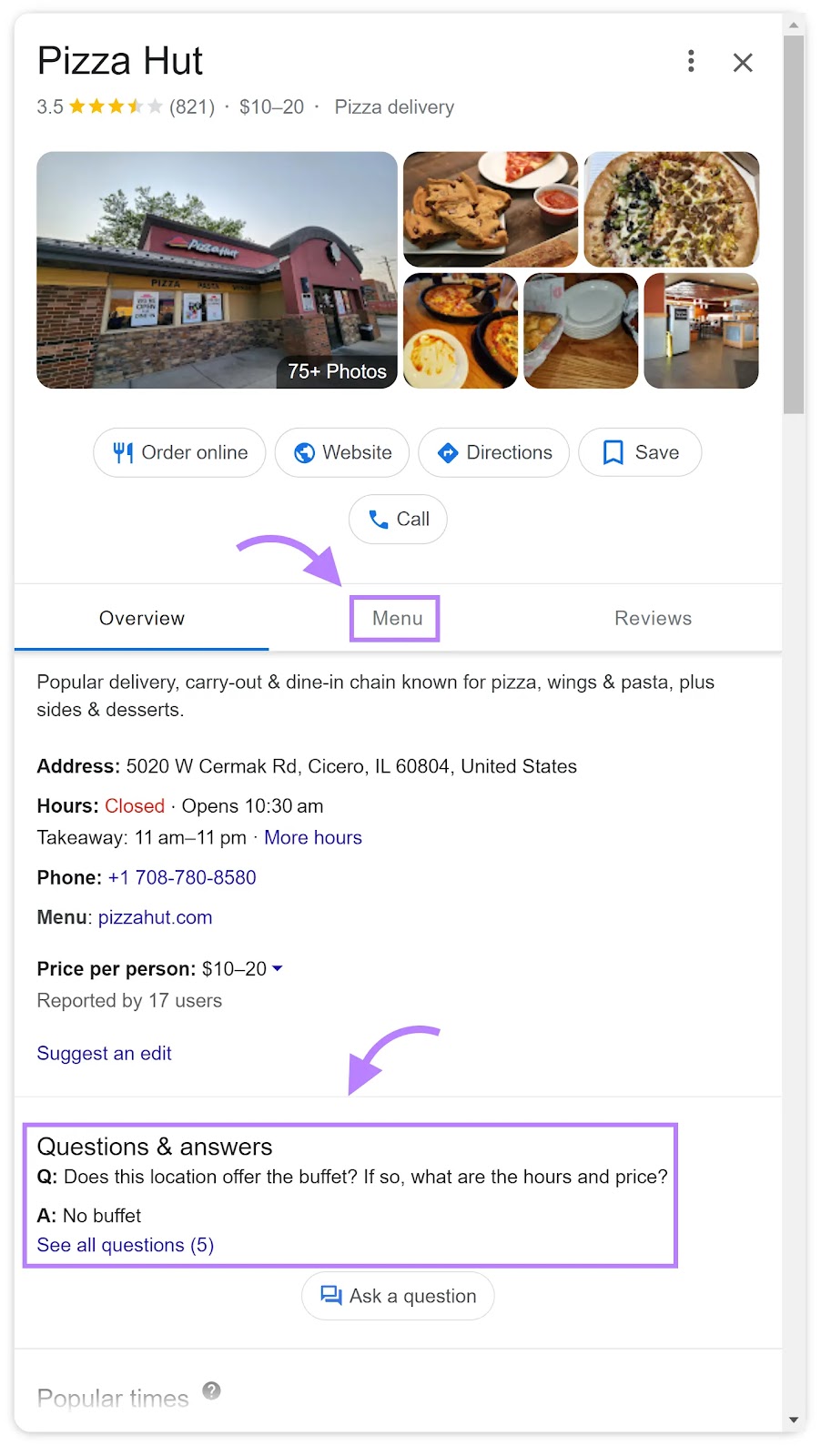 谷歌业务简介 listing of Pizza Hut with the