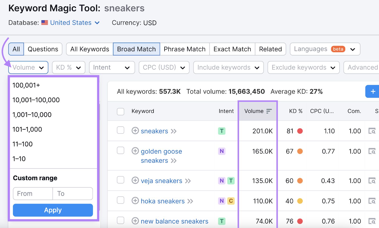 Filtering results based on volume in 关键字魔术工具
