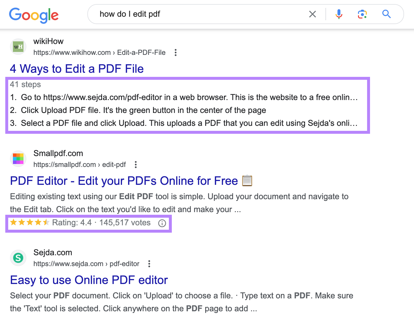an example of different SERP功能 in Google SERP for