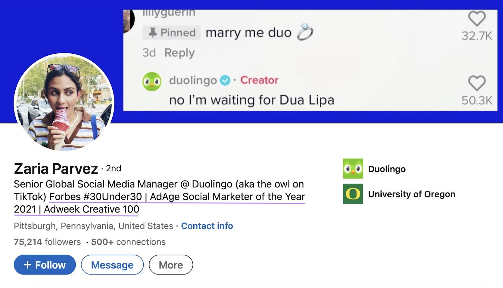 Duolingo’s senior global social media manager 扎里亚*帕尔维斯's 领英 profile