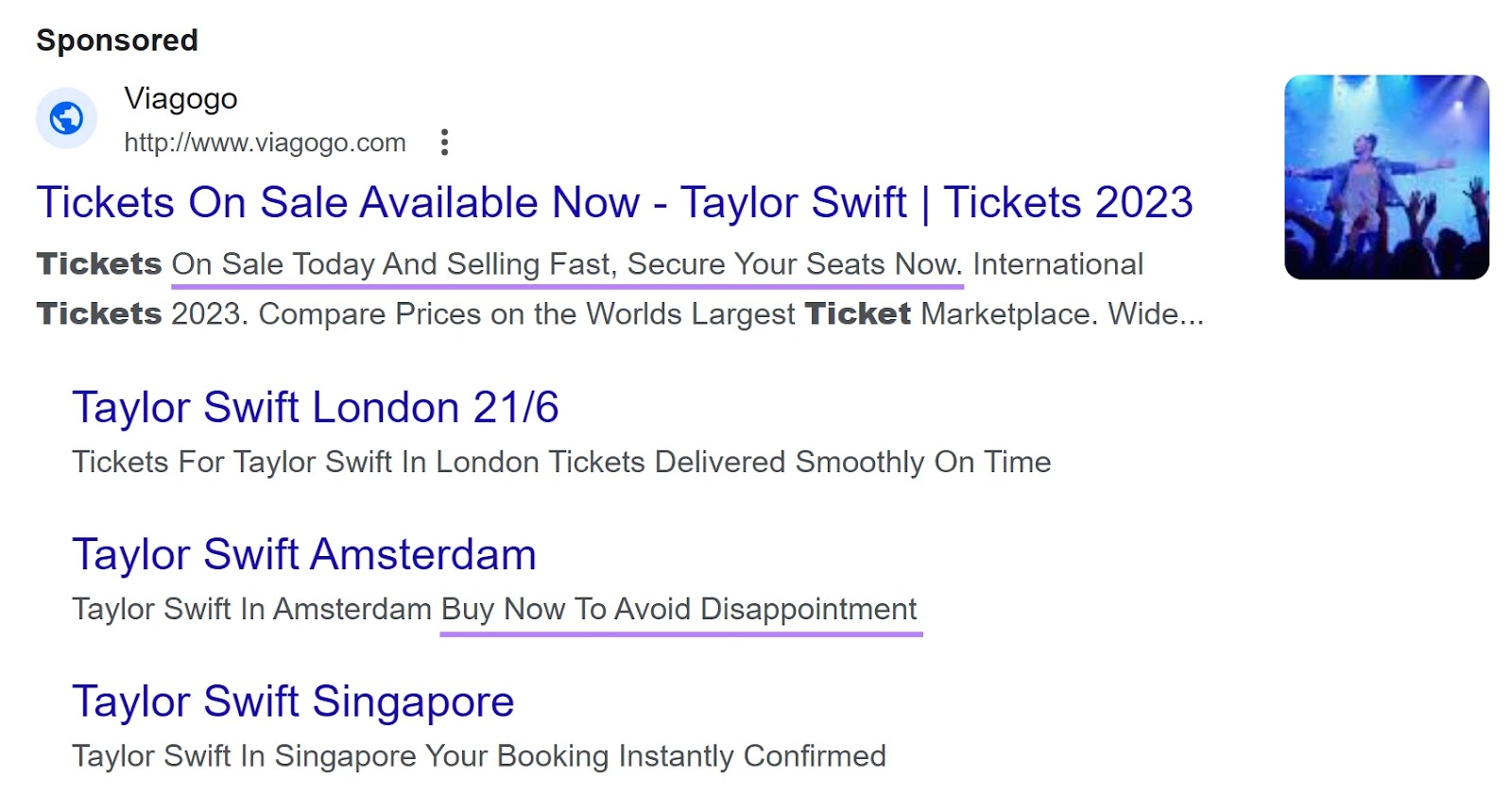 Viagogo's search ad for Taylor Swift concert tickets with 