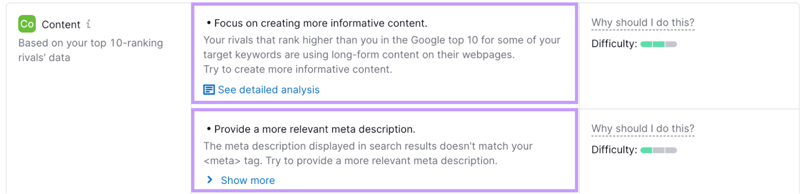 content ideas category showing two ideas, related to creating more informative content和providing more relevant meta descriptions