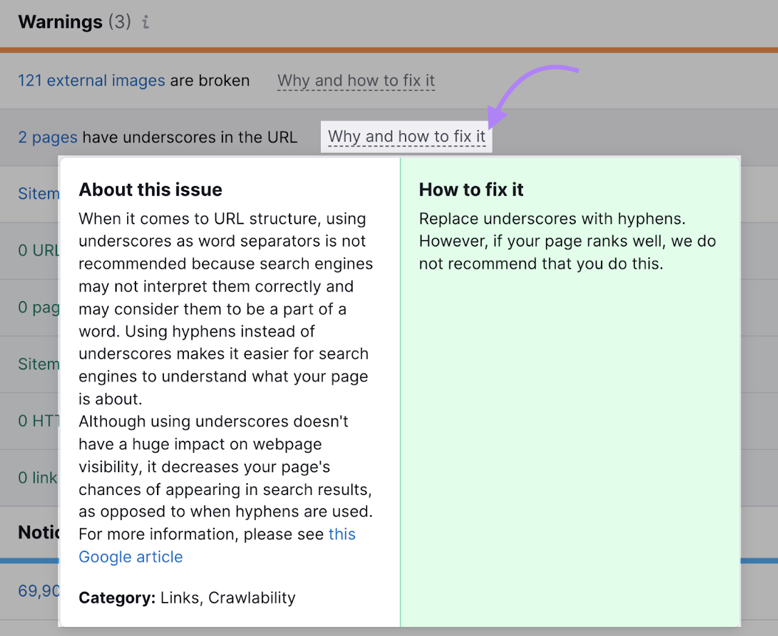 URL issue explained和how to fix it pop-up box
