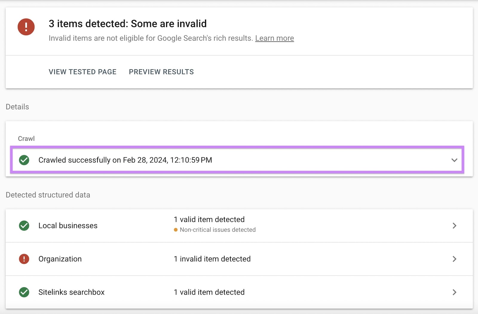 “Crawled successfully on Feb 28, 2024”message under 