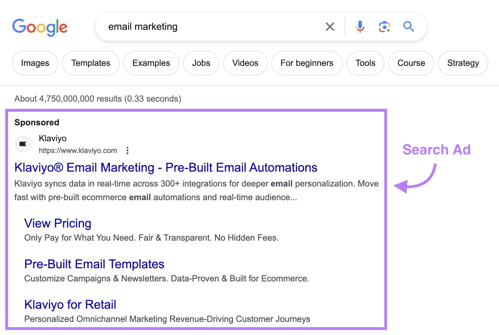 a PPC的 search ad from Klaviyo for email marketing search