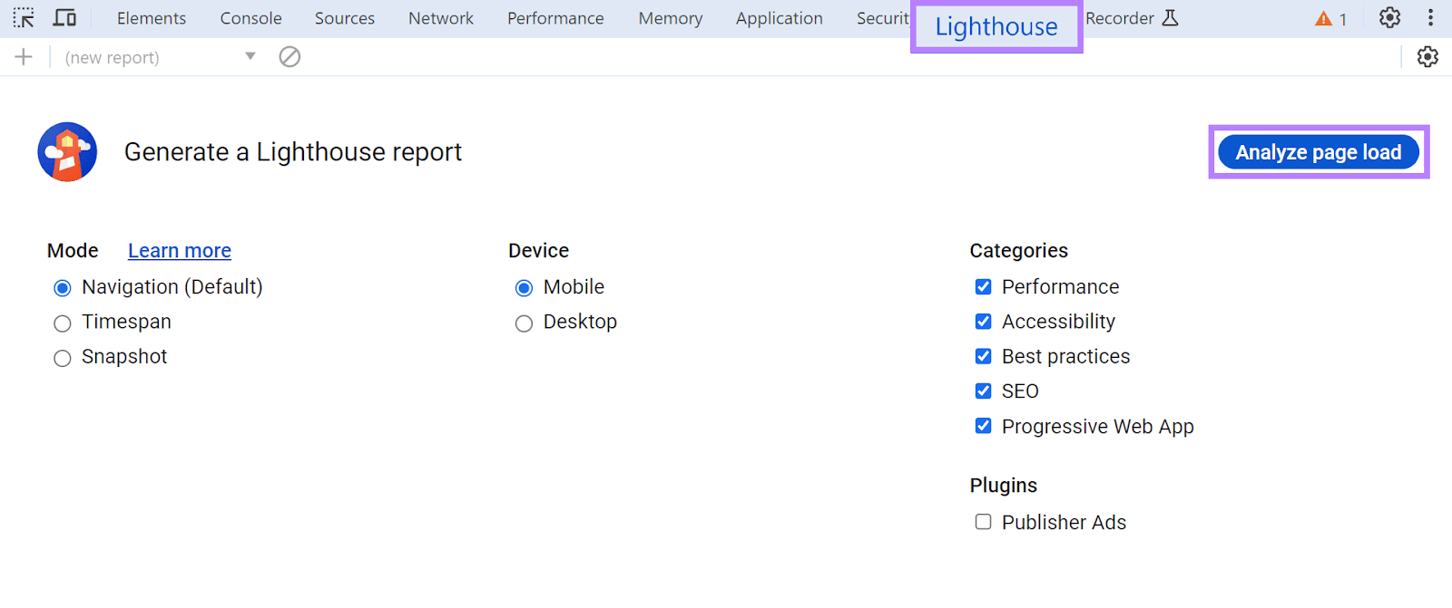 灯塔 interface within DevTools.
