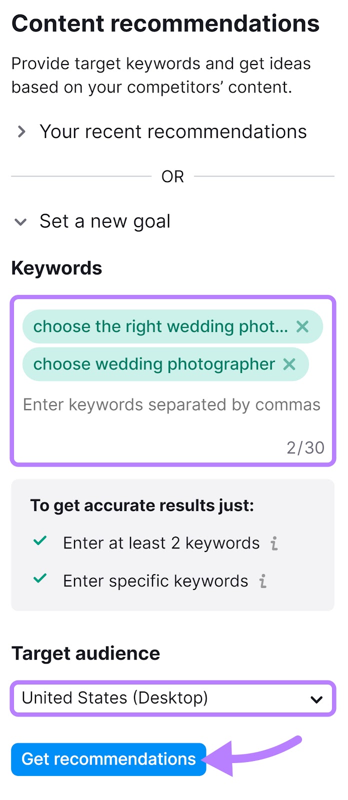 Add keywords, and select audience in 高级行政主任写作助理 tool