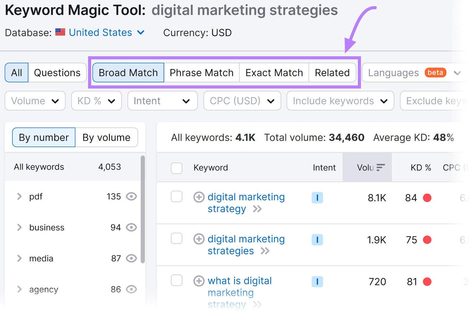 关键字魔术工具 match type filters highlighted