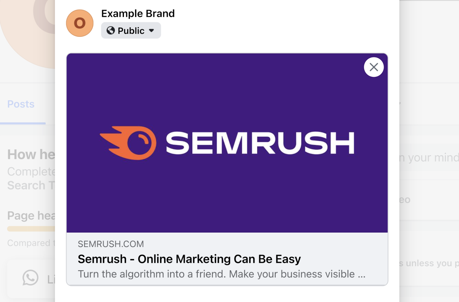 link autopopulates the facebook post with a Semrush logo image, title 