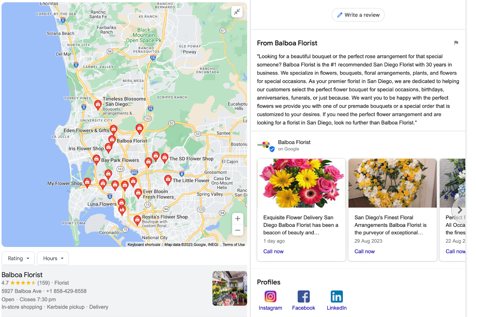 Google Business 个人资料 from a florist in San Diego