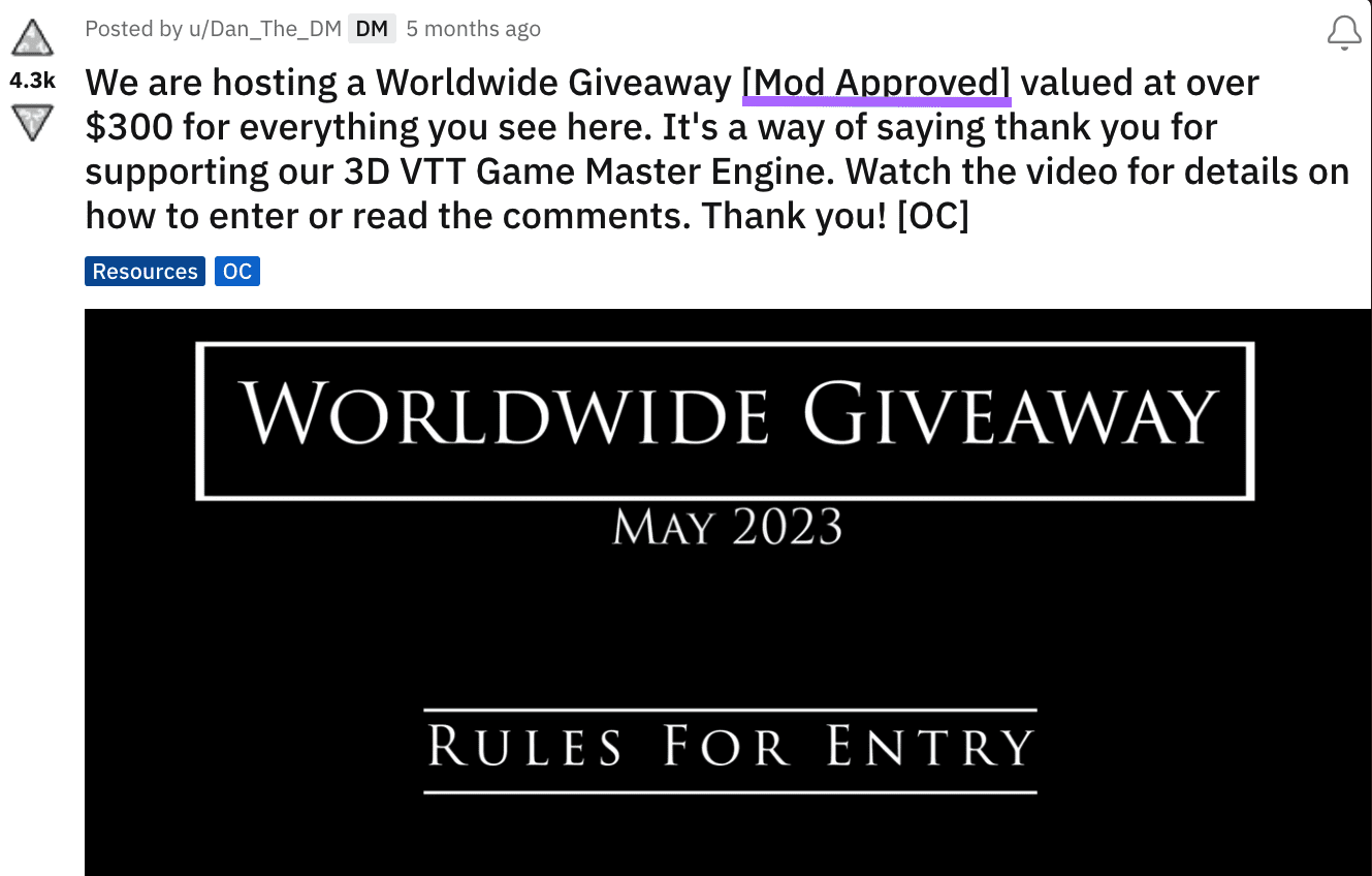 A giveaway on Reddit with 