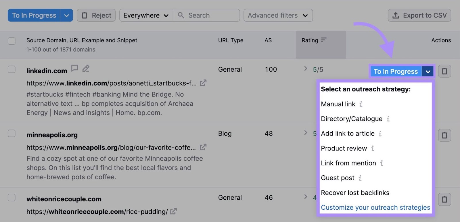 “进行中” drop-down menu in Link Building tool