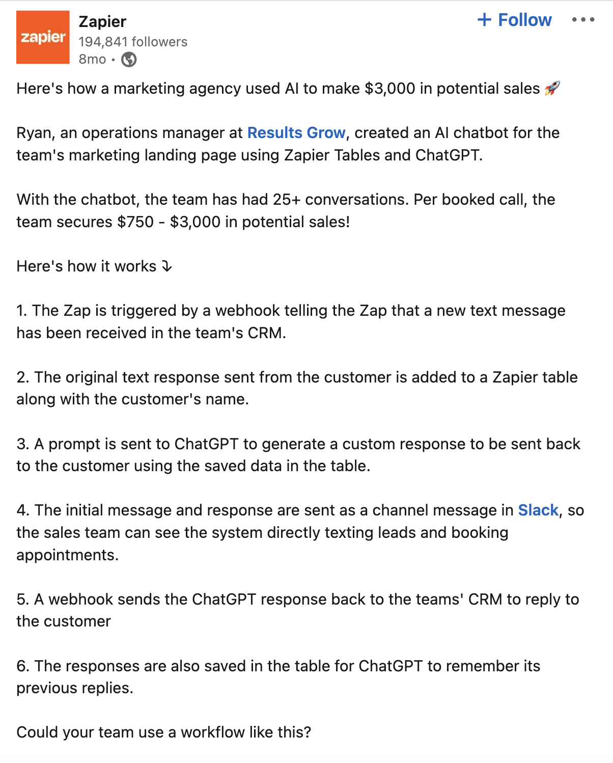 扎皮尔's 领英 post sharing a story of how a user was able to improve conversions and increase sales by using the tool